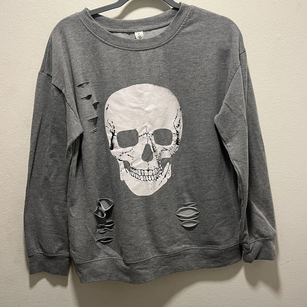 B Women's Skull Gray Long Sleeve Sweatshirt Size Medium
